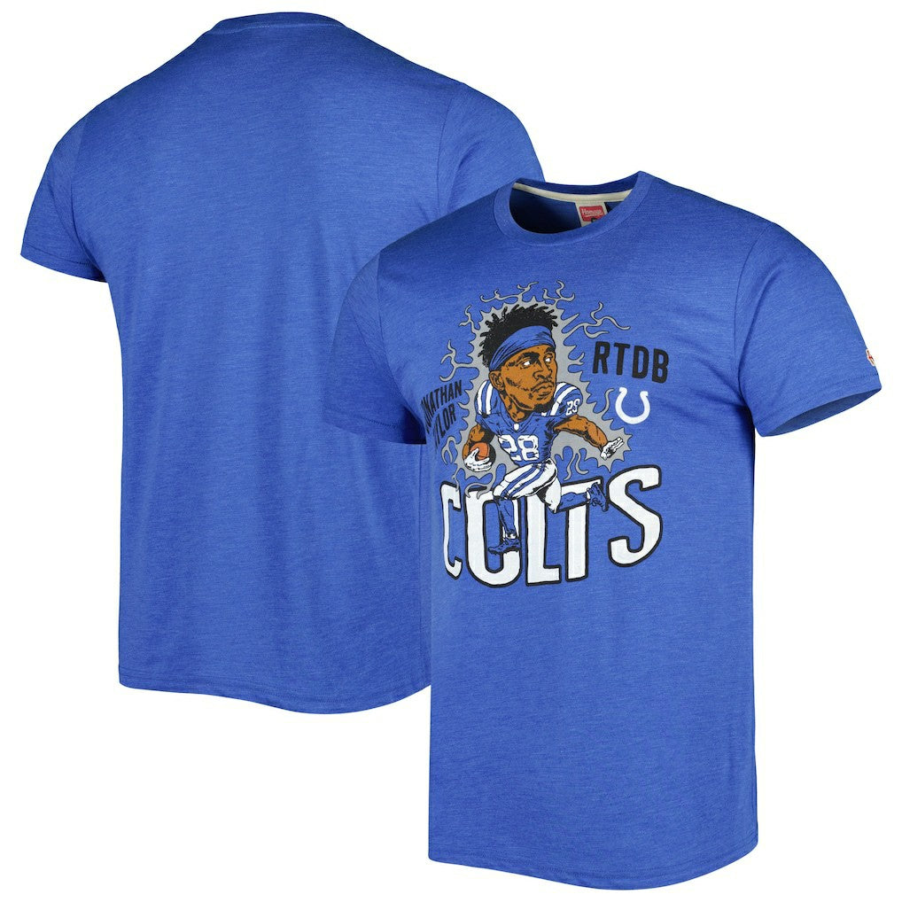 Jonathan Taylor Indianapolis Colts Homage Unisex Caricature Player Tri-Blend T-Shirt Heather Royal | NFL