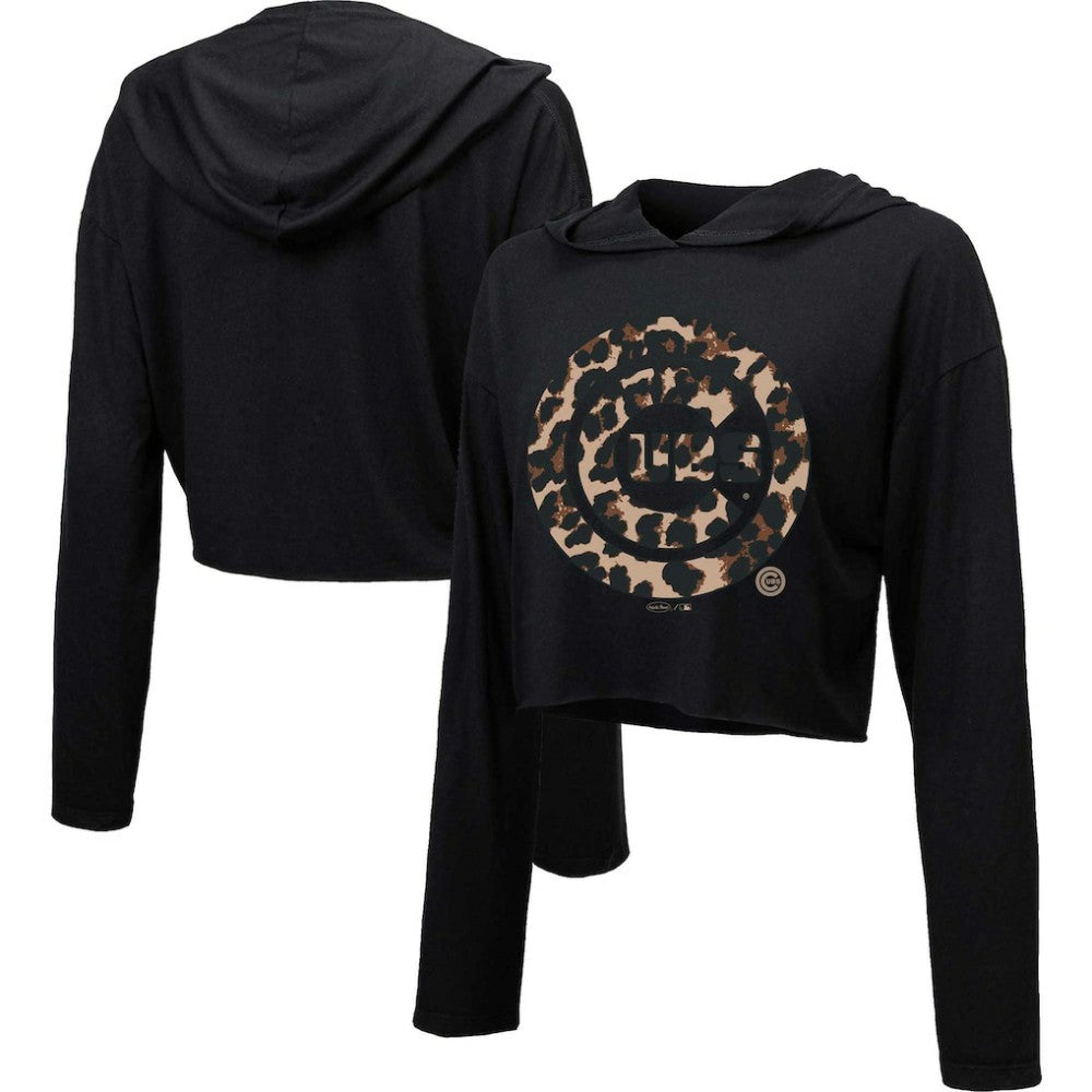 Chicago Cubs Majestic Threads Women's Leopard Cropped Hoodie - MLB