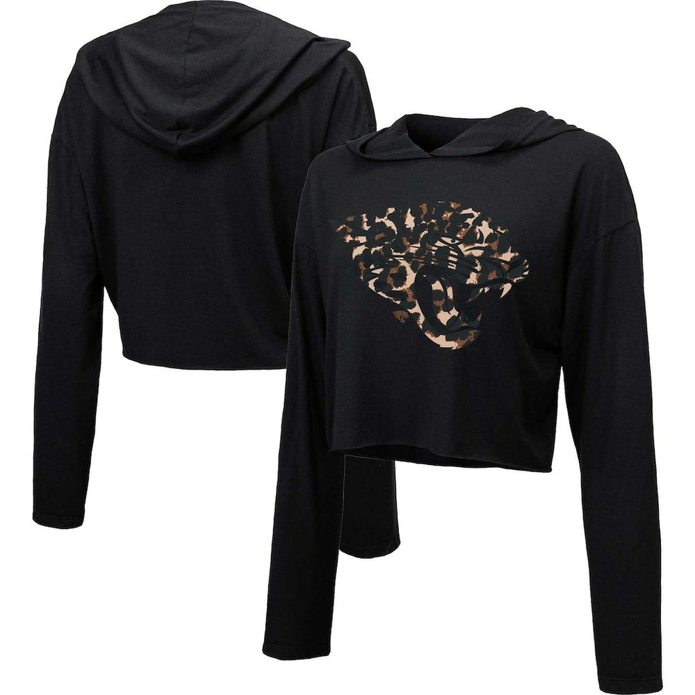 Jacksonville Jaguars Majestic Threads Women's Leopard Cropped Pullover Hoodie Black | NFL