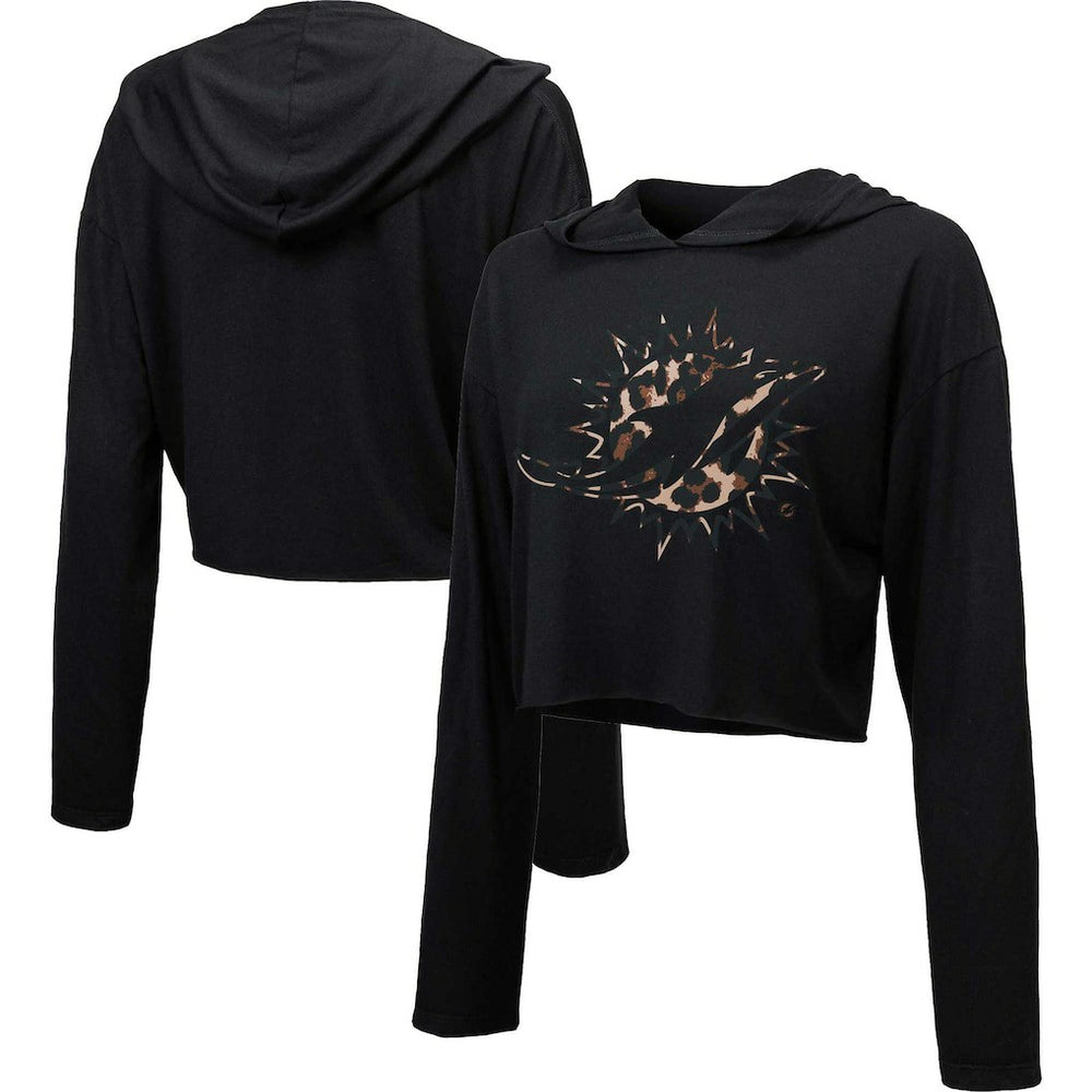 Miami Dolphins Majestic Threads Women's Leopard Cropped Pullover Hoodie Black | NFL