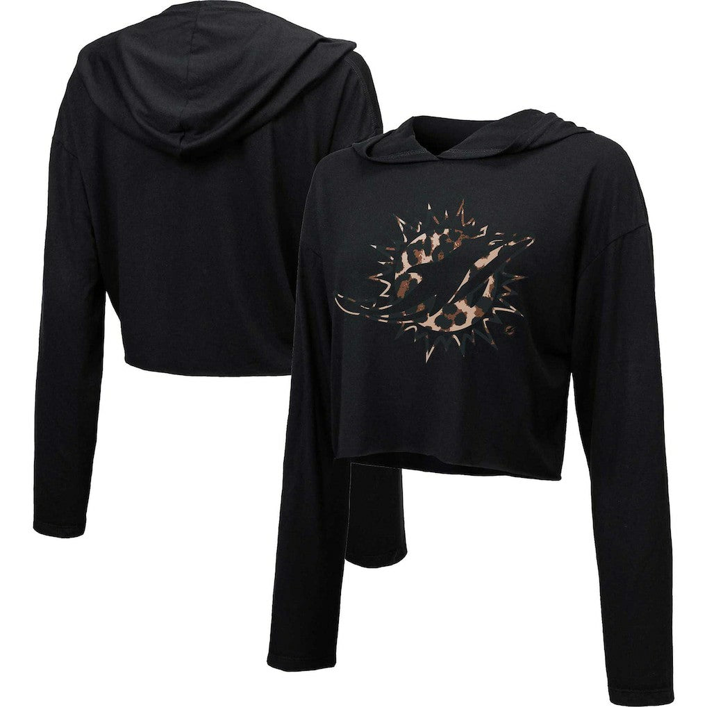 Miami Dolphins Majestic Threads Women's Leopard Cropped Pullover Hoodie Black | NFL