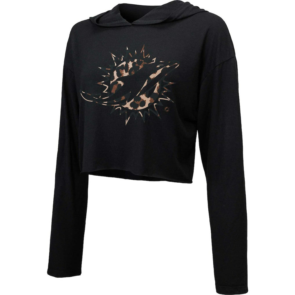 Miami Dolphins Majestic Threads Women's Leopard Cropped Pullover Hoodie Black | NFL