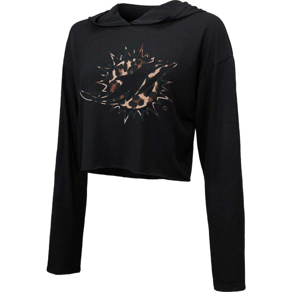 Miami Dolphins Majestic Threads Women's Leopard Cropped Pullover Hoodie Black | NFL