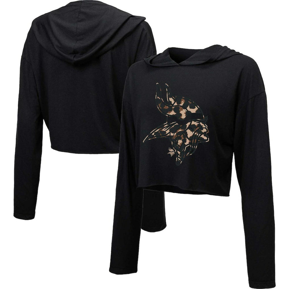 Minnesota Vikings Majestic Threads Women's Leopard Cropped Pullover Hoodie Black | NFL