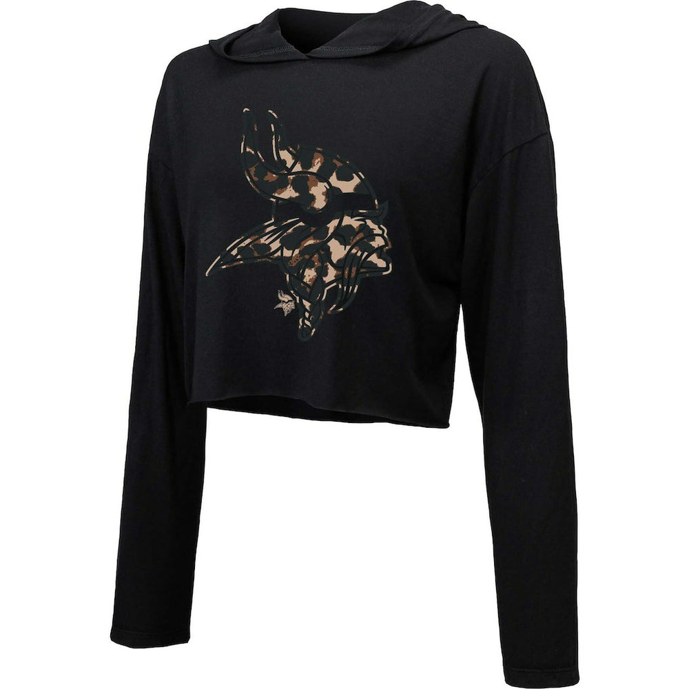 Minnesota Vikings Majestic Threads Women's Leopard Cropped Pullover Hoodie Black | NFL