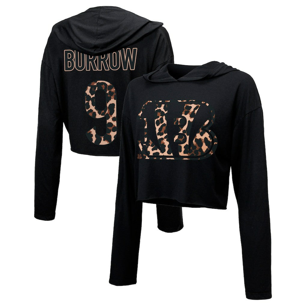 Joe Burrow Cincinnati Bengals Majestic Threads Women's Leopard Player Name & Number Long Sleeve Cropped Hoodie Black | NFL
