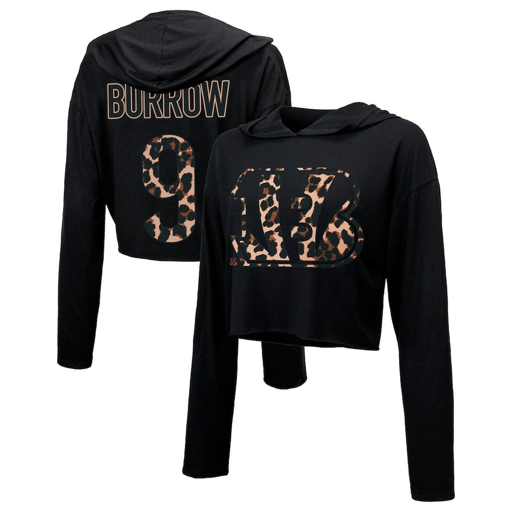 Joe Burrow Cincinnati Bengals Majestic Threads Women's Leopard Player Name & Number Long Sleeve Cropped Hoodie Black | NFL