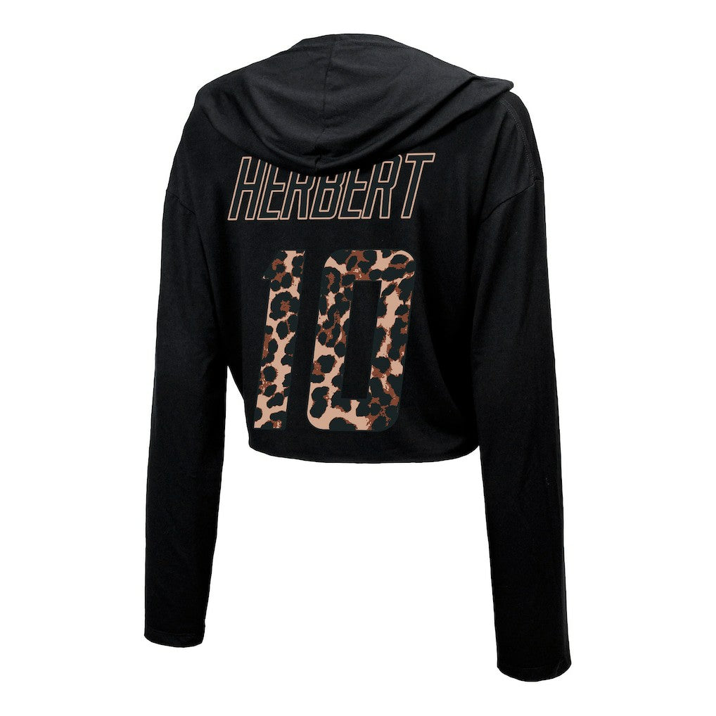 Justin Herbert Los Angeles Chargers Majestic Threads Women's Leopard Player Name & Number Long Sleeve Cropped Hoodie Black | NFL