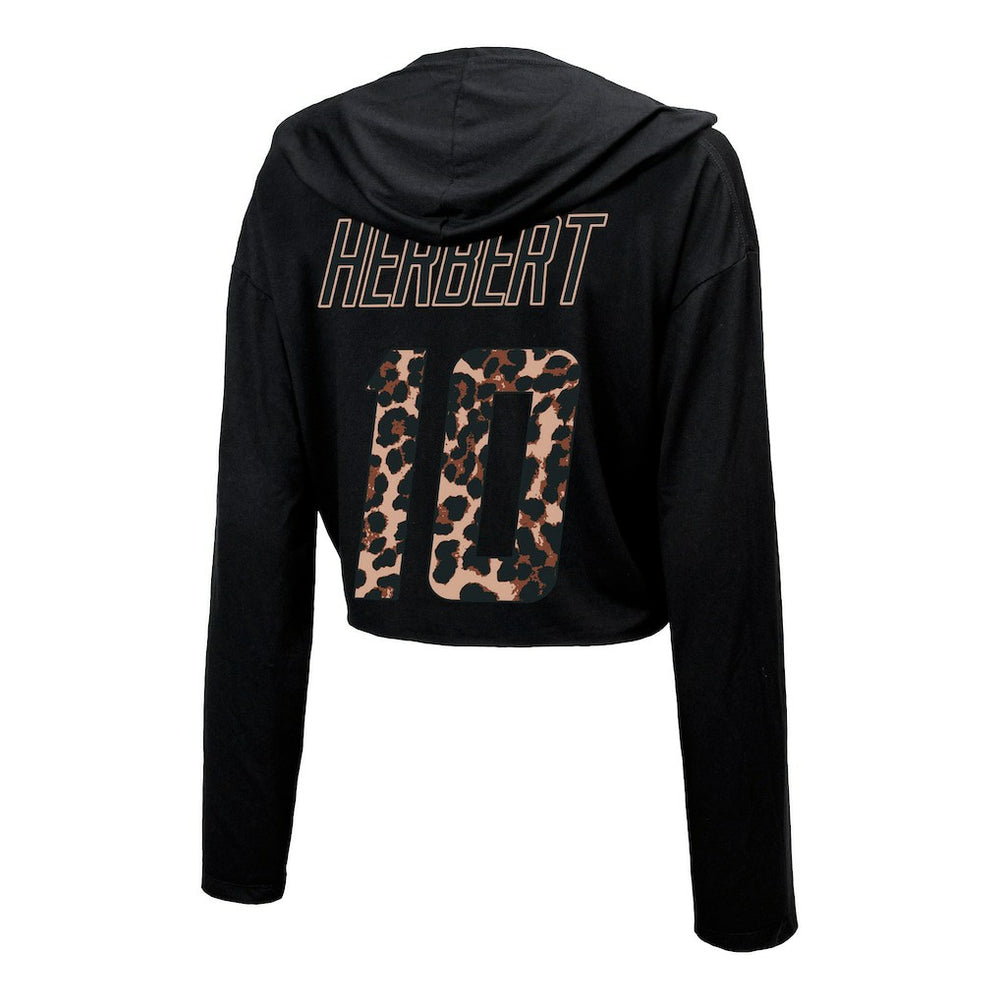 Justin Herbert Los Angeles Chargers Majestic Threads Women's Leopard Player Name & Number Long Sleeve Cropped Hoodie Black | NFL