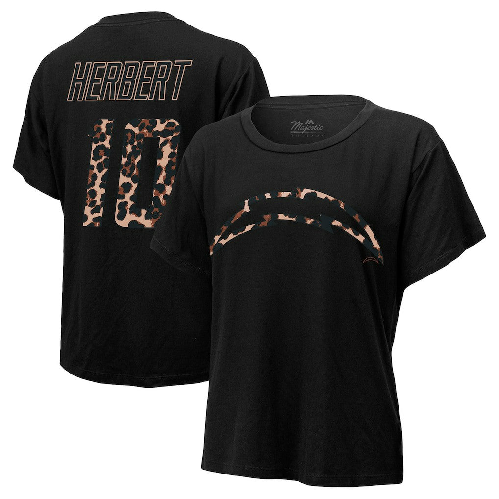 Justin Herbert Los Angeles Chargers Majestic Threads Women's Leopard Player Name & Number T-Shirt Black | NFL