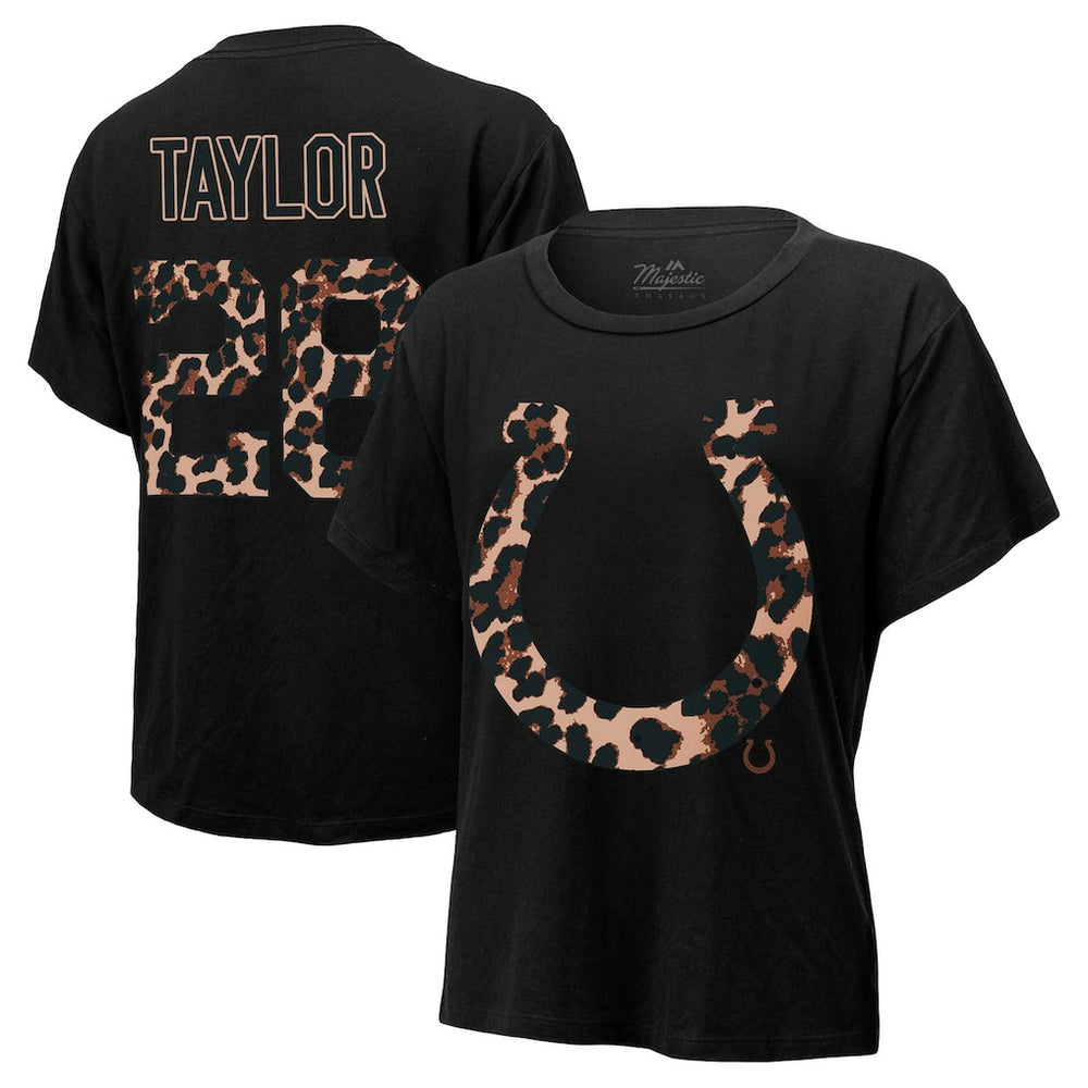 Jonathan Taylor Indianapolis Colts Majestic Threads Women's Leopard Player Name & Number T-Shirt Black | NFL