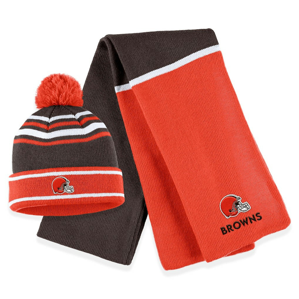 Cleveland Browns WEAR by Erin Andrews Women's Colorblock Cuffed Knit Hat with Pom and Scarf Set Orange | NFL
