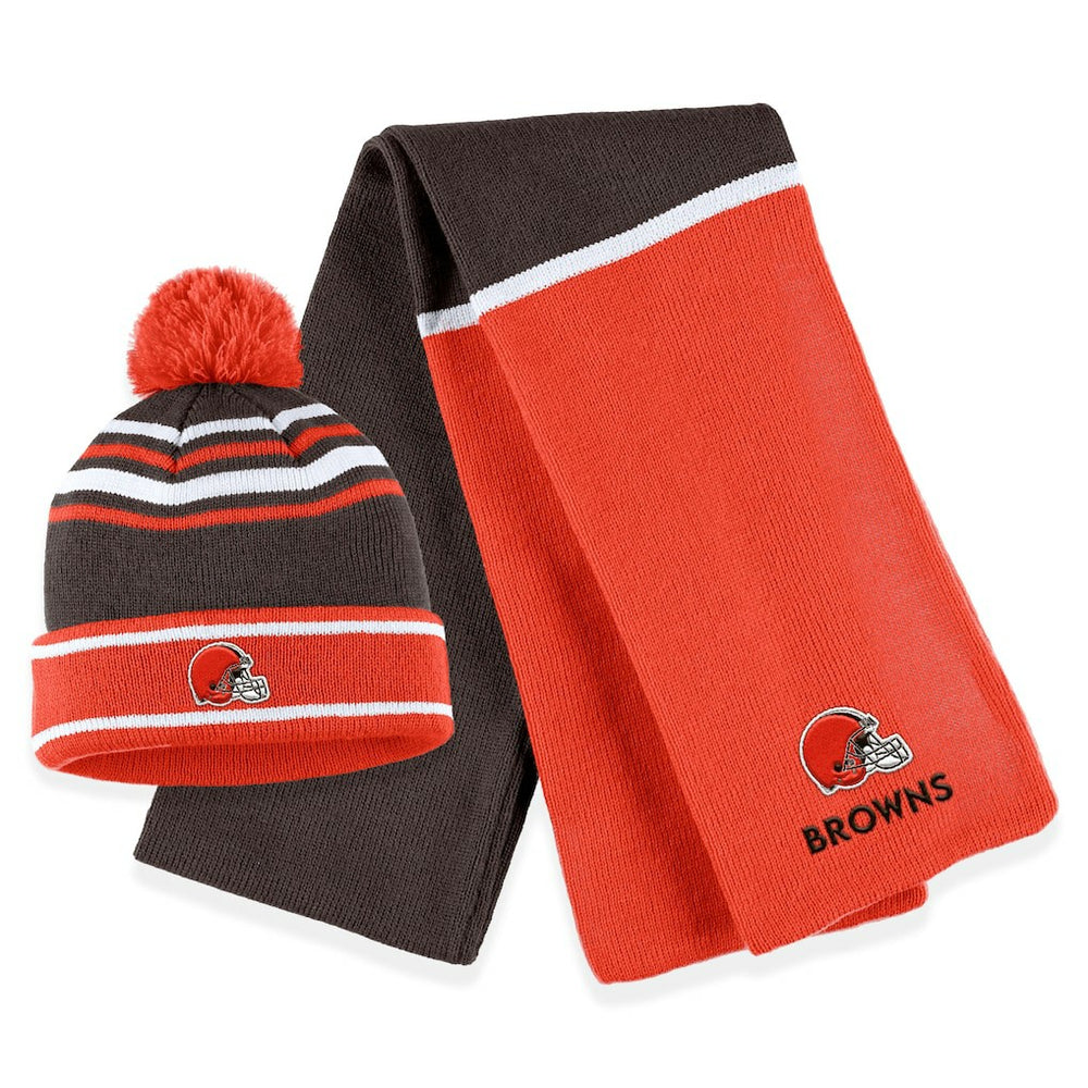 Cleveland Browns WEAR by Erin Andrews Women's Colorblock Cuffed Knit Hat with Pom and Scarf Set Orange | NFL