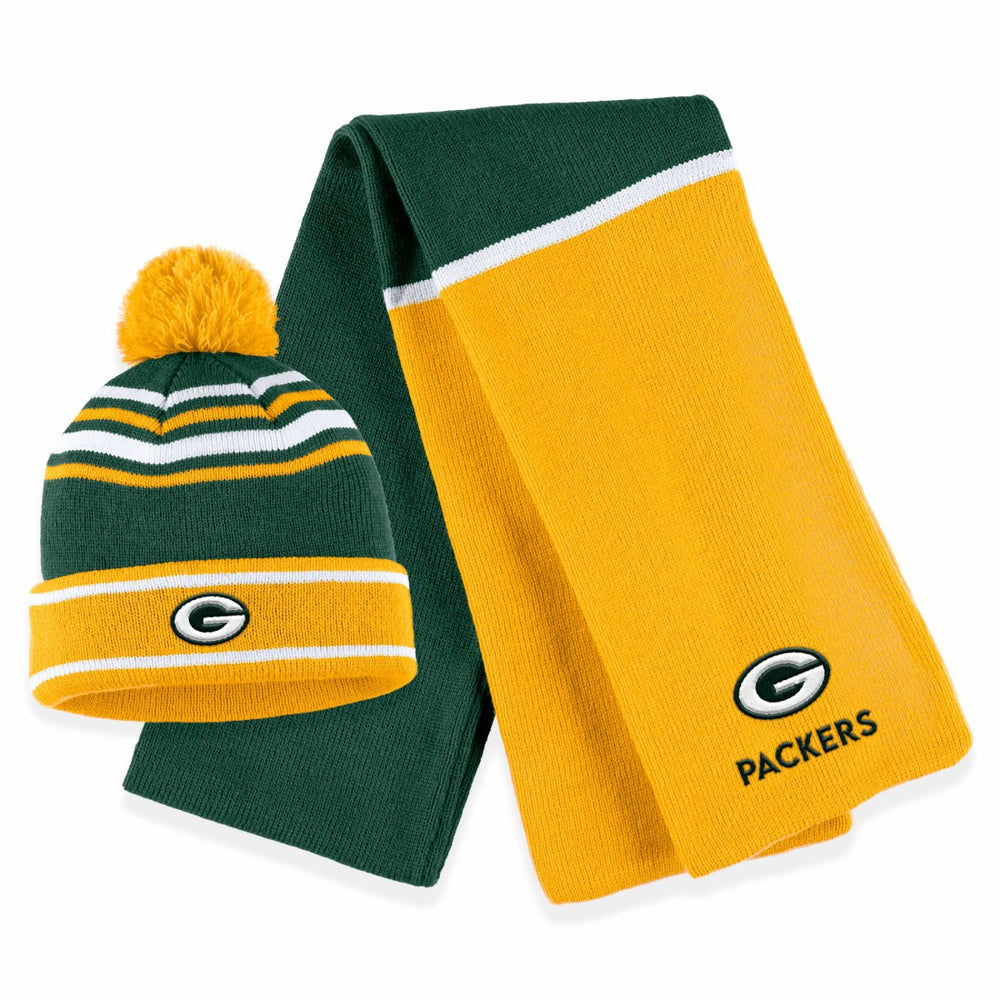 Green Bay Packers WEAR by Erin Andrews Women's Colorblock Cuffed Knit Hat with Pom and Scarf Set Green | NFL