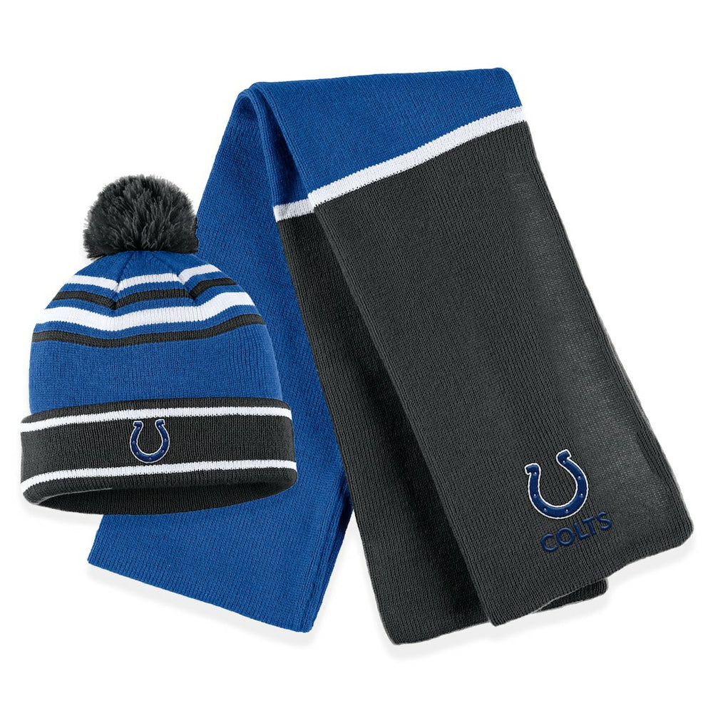 Indianapolis Colts WEAR by Erin Andrews Women's Colorblock Cuffed Knit Hat with Pom and Scarf Set Royal | NFL