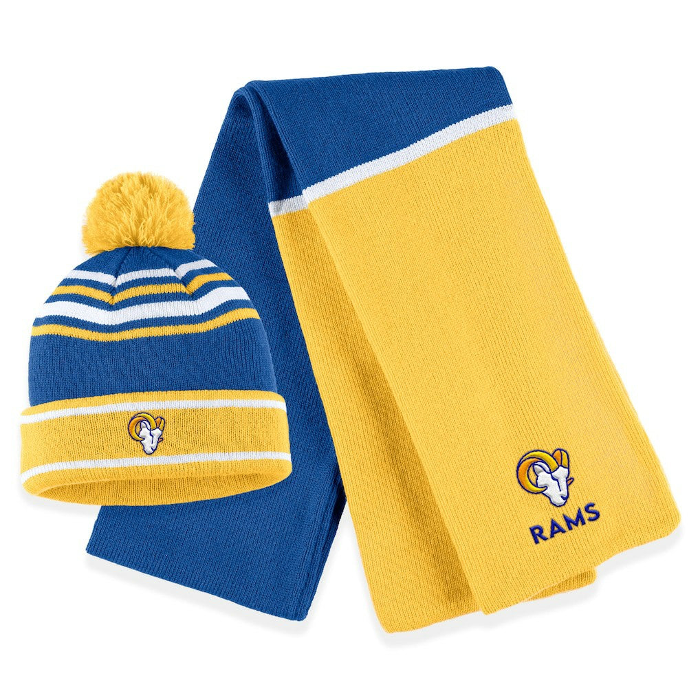 Los Angeles Rams WEAR by Erin Andrews Women's Colorblock Cuffed Knit Hat with Pom and Scarf Set Royal | NFL