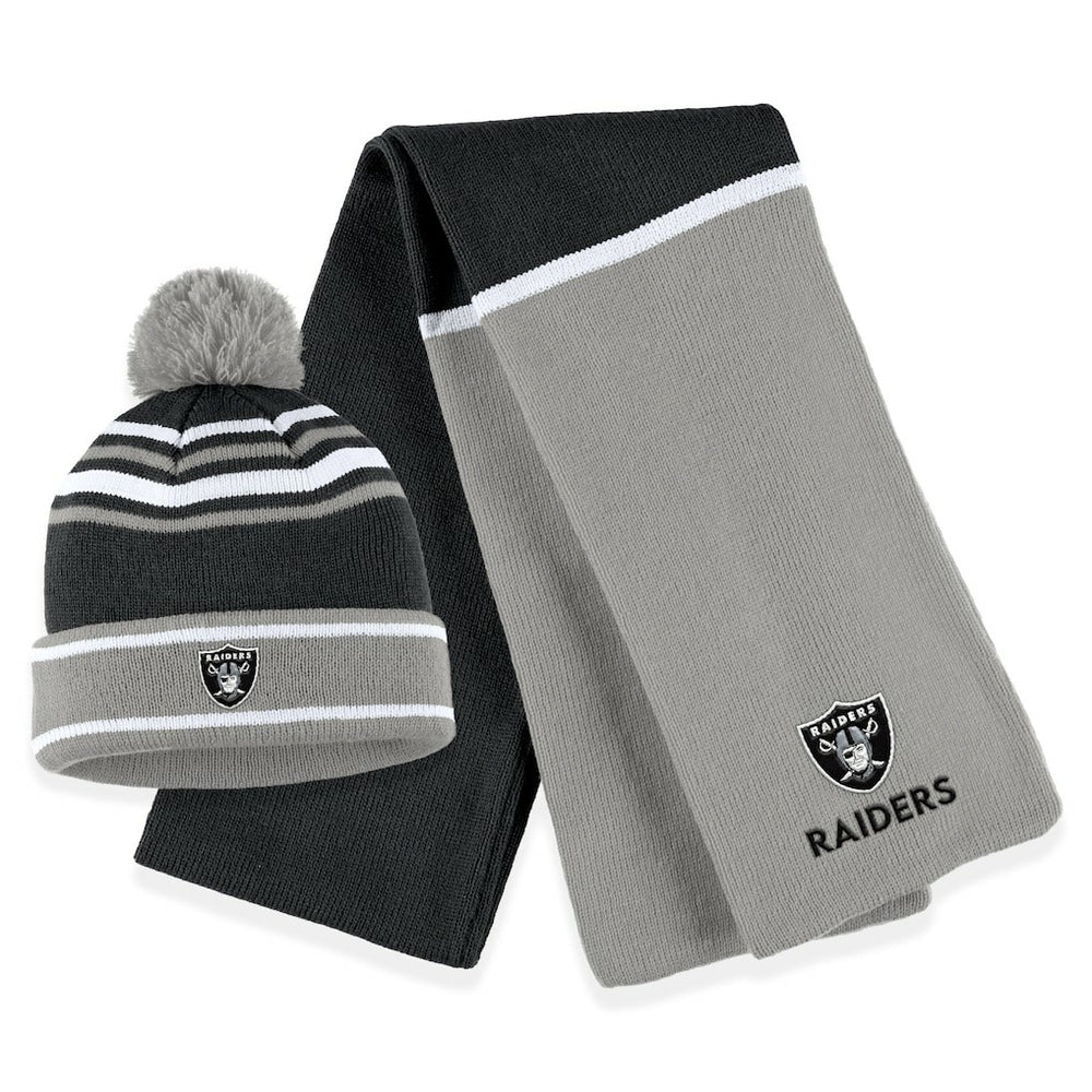Las Vegas Raiders WEAR by Erin Andrews Women's Colorblock Cuffed Knit Hat with Pom and Scarf Set Black | NFL