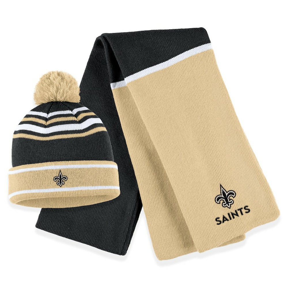 New Orleans Saints WEAR by Erin Andrews Women's Colorblock Cuffed Knit Hat with Pom and Scarf Set Black | NFL
