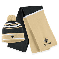 New Orleans Saints WEAR by Erin Andrews Women's Colorblock Cuffed Knit Hat with Pom and Scarf Set Black | NFL