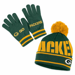 Green Bay Packers WEAR by Erin Andrews Women's Double Jacquard Cuffed Knit Hat with Pom and Gloves Set Green | NFL
