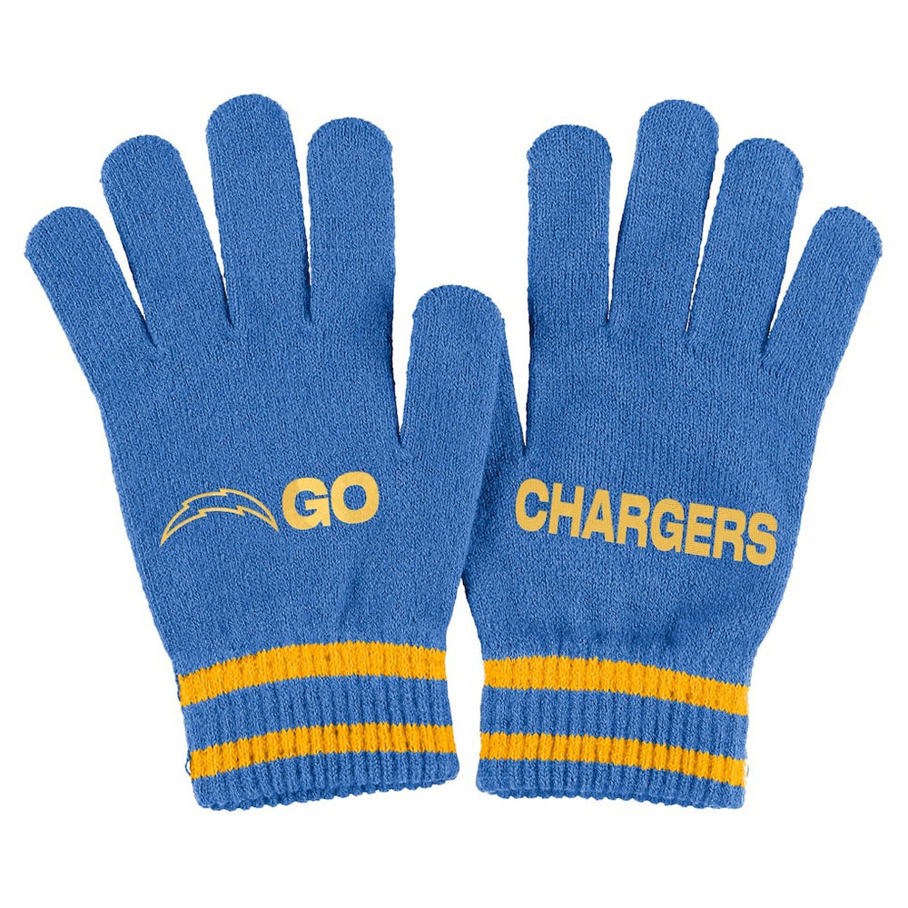 Los Angeles Chargers WEAR by Erin Andrews Women's Double Jacquard Cuffed Knit Hat with Pom and Gloves Set Powder Blue | NFL