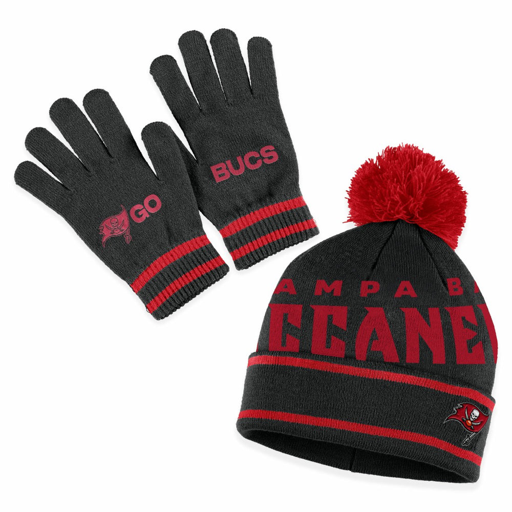 Tampa Bay Buccaneers WEAR by Erin Andrews Women's Double Jacquard Cuffed Knit Hat with Pom and Gloves Set Black | NFL