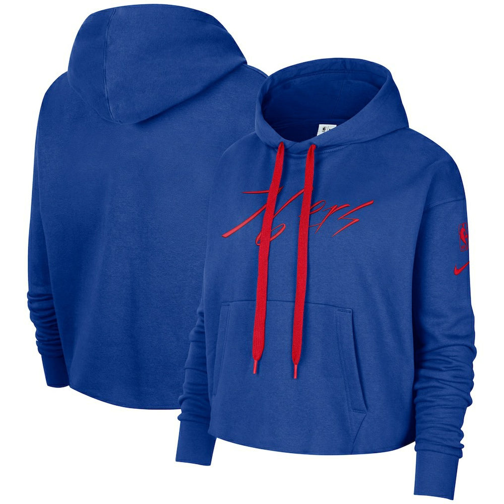 Philadelphia 76ers Women's Split Flip Courtside Cropped Pullover Hoodie Royal - NBA