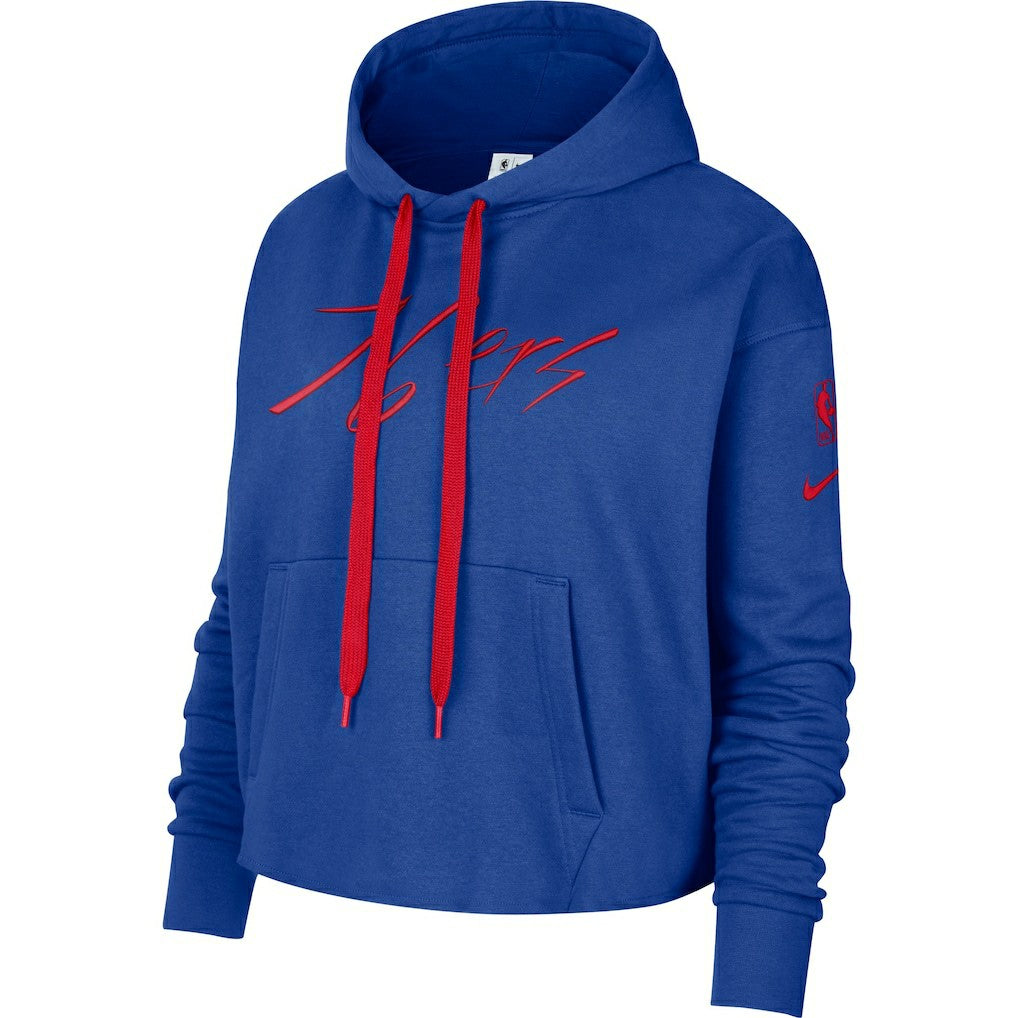 Philadelphia 76ers Women's Split Flip Courtside Cropped Pullover Hoodie Royal - NBA