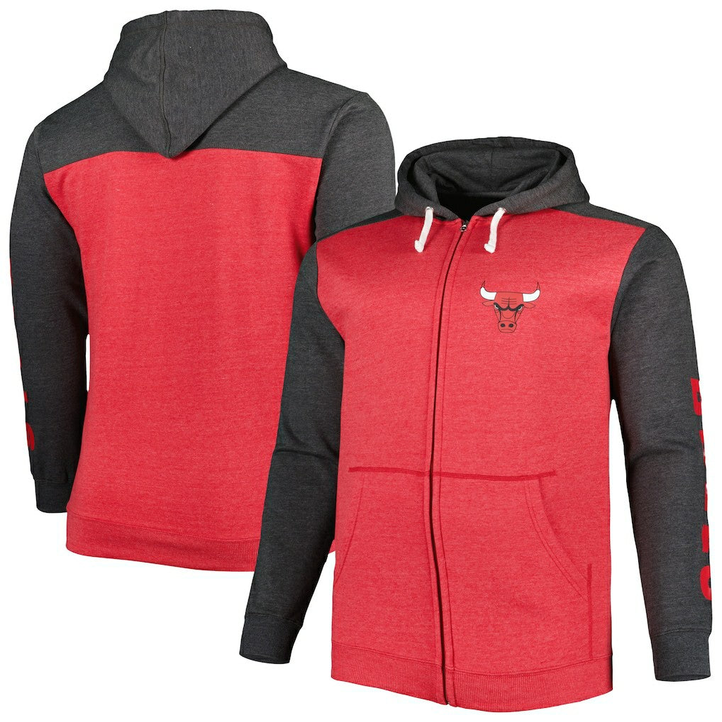 Chicago Bulls Big & Tall Down and Distance Full-Zip Hoodie Heathered Red/Heathered Black - NBA