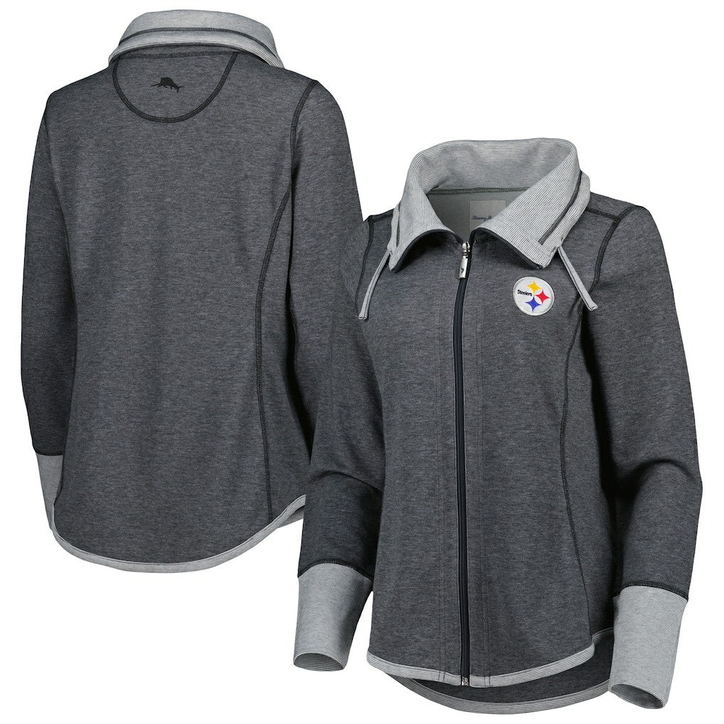 Pittsburgh Steelers Women's Sport Sun Fade Full-Zip Sweatshirt Heathered Black | Tommy Bahama