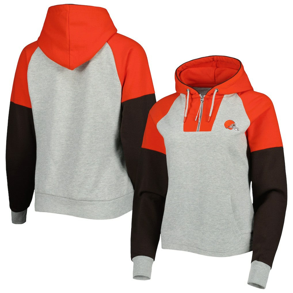 Cleveland Browns Antigua Women's Lightweight Jackpot Raglan Half-Zip Pullover Hoodie Heather Gray | NFL