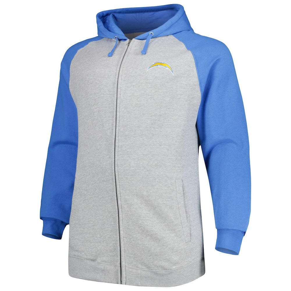 Los Angeles Chargers Big & Tall Fleece Raglan Full-Zip Hoodie Jacket Heather Gray | Fanatics