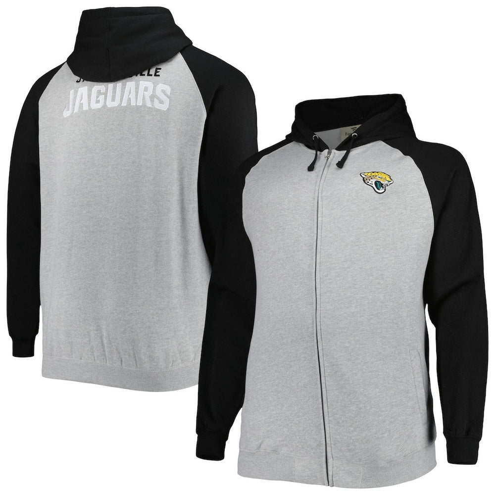 Jacksonville Jaguars Big & Tall Fleece Raglan Full-Zip Hoodie Jacket Heather Gray | NFL