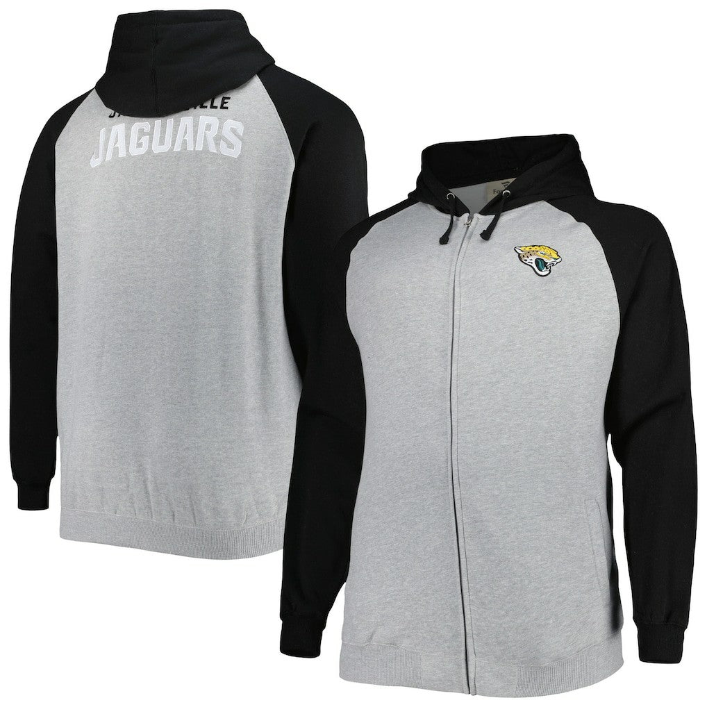 Jacksonville Jaguars Big & Tall Fleece Raglan Full-Zip Hoodie Jacket Heather Gray | NFL