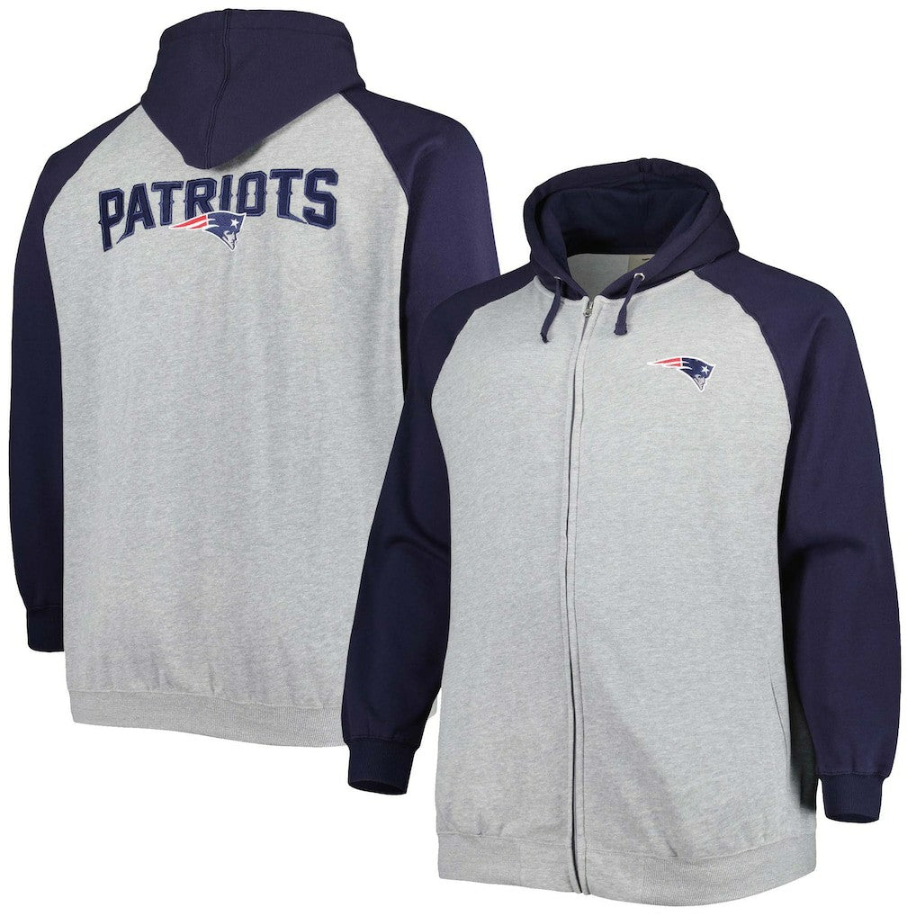 New England Patriots Big & Tall Fleece Raglan Full-Zip Hoodie Jacket Heather Gray | NFL