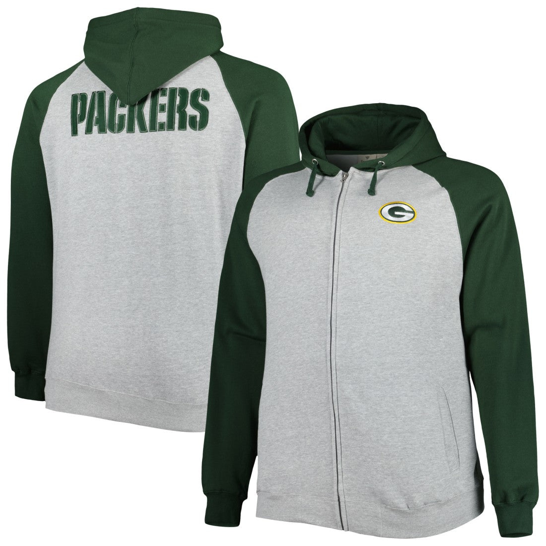 Green Bay Packers Big & Tall Fleece Raglan Full-Zip Hoodie Jacket Heather Gray | NFL
