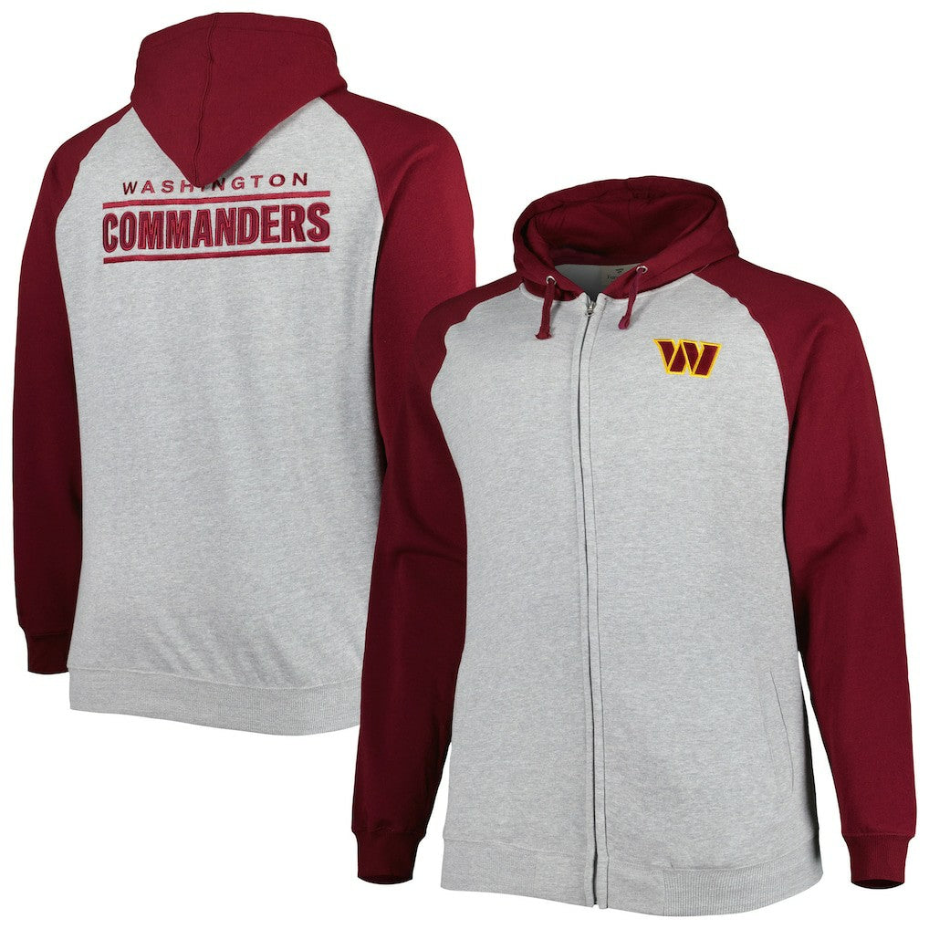 Washington Commanders Big & Tall Fleece Raglan Full-Zip Hoodie Jacket Heather Gray | NFL