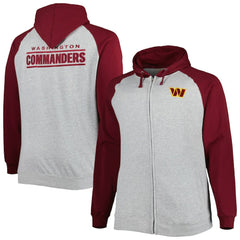 Washington Commanders Big & Tall Fleece Raglan Full-Zip Hoodie Jacket Heather Gray | NFL