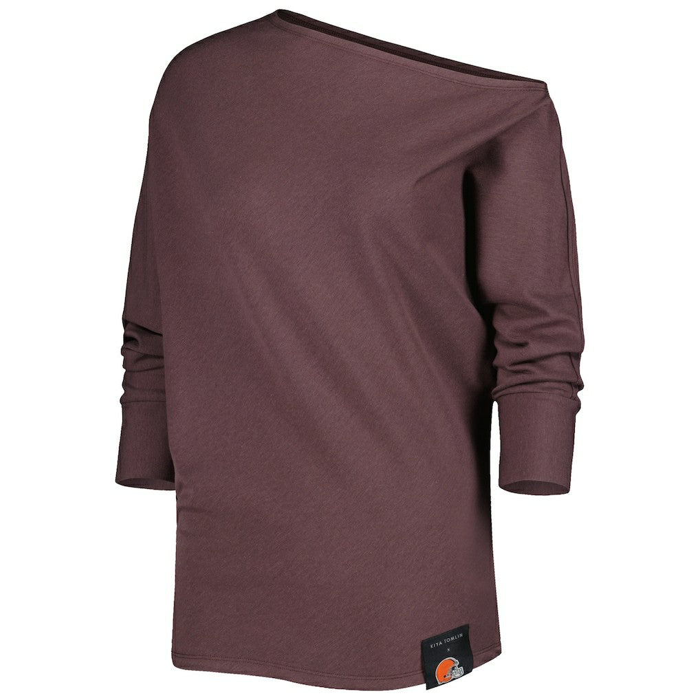 Cleveland Browns KIYA TOMLIN Women's Twisted Tri-Blend Asymmetrical 3/4-Dolman Sleeve Sweatshirt Brown | NFL
