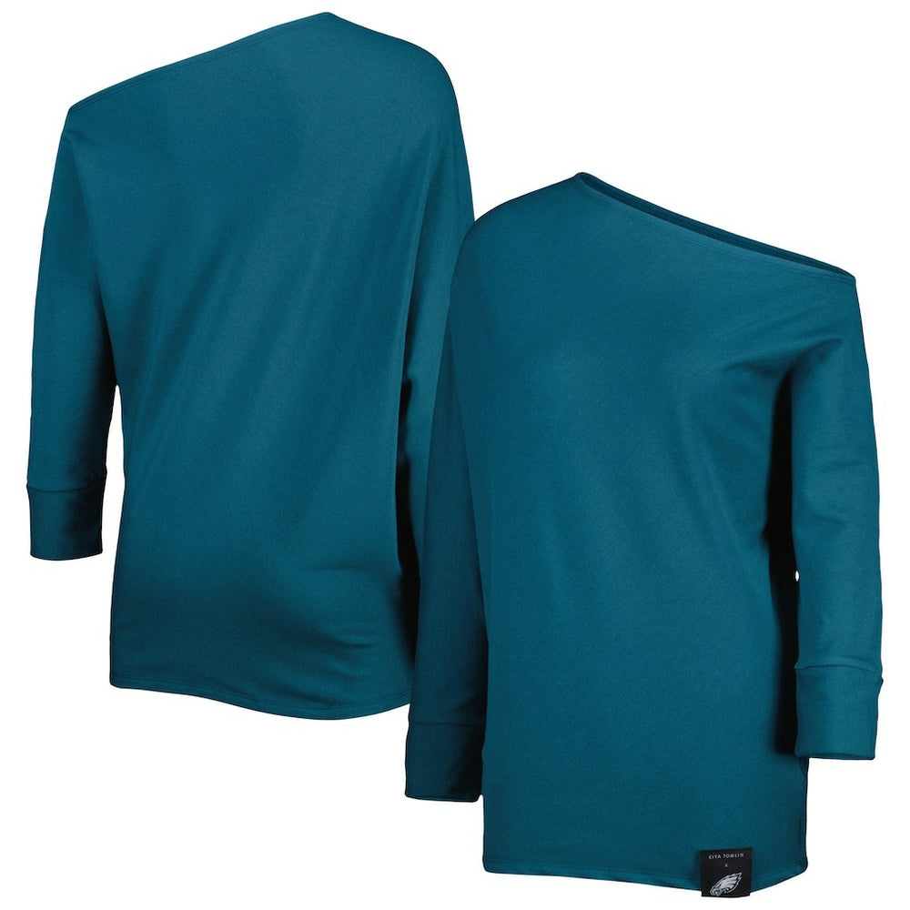 Philadelphia Eagles KIYA TOMLIN Women's Twisted Tri-Blend Asymmetrical 3/4-Dolman Sleeve Sweatshirt Midnight Green | NFL