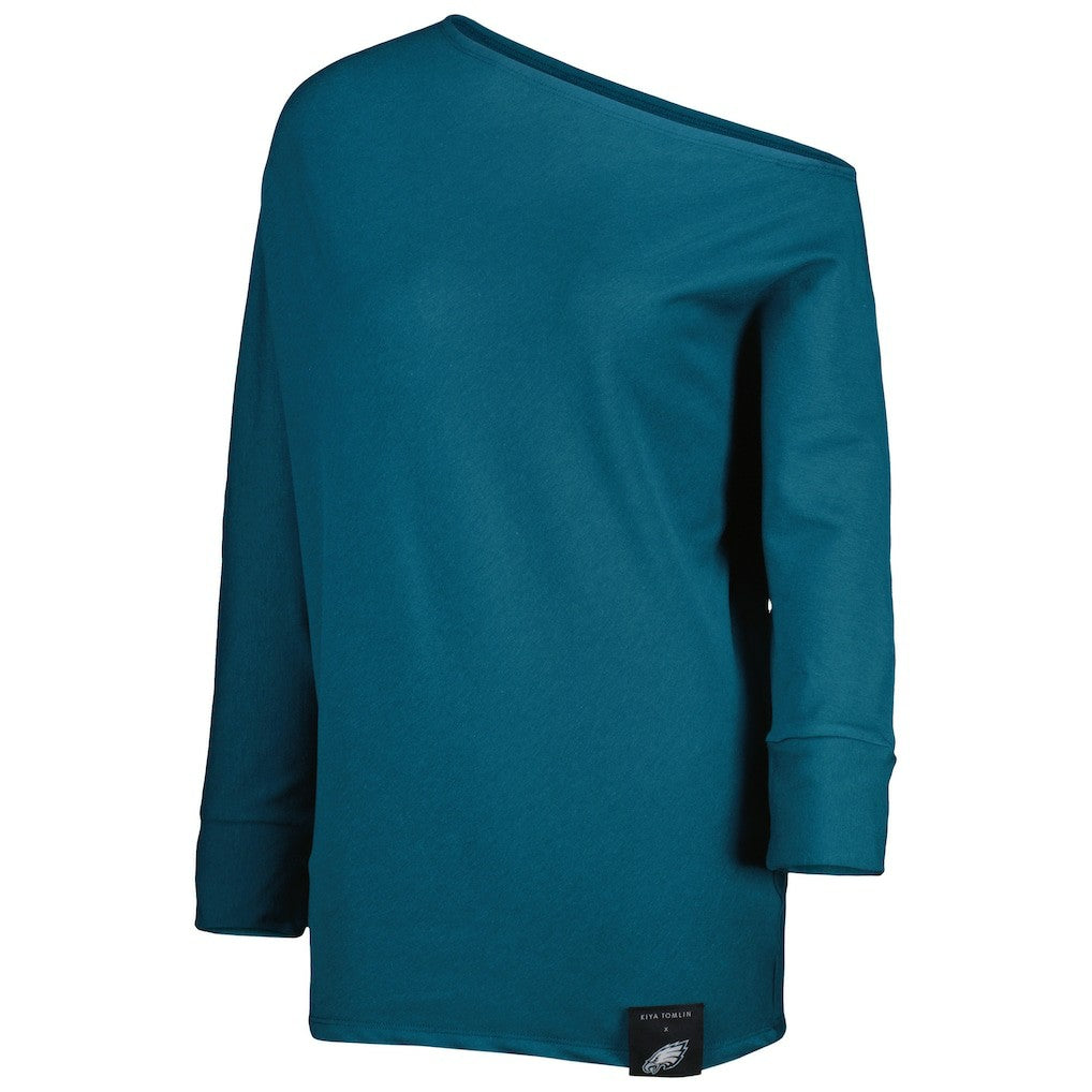 Philadelphia Eagles KIYA TOMLIN Women's Twisted Tri-Blend Asymmetrical 3/4-Dolman Sleeve Sweatshirt Midnight Green | NFL