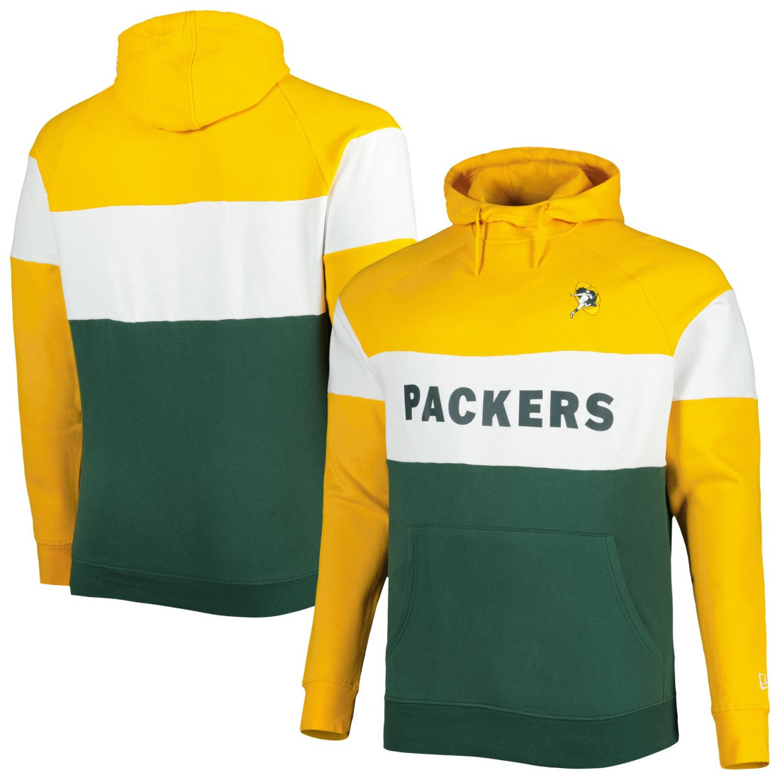 Green Bay Packers New Era Big & Tall Throwback Colorblock Fleece Raglan Pullover Hoodie Gold/Green | NFL