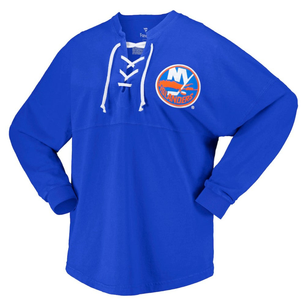 New York Islanders Fanatics Women's Spirit Lace-Up V-Neck Long Sleeve Jersey T-Shirt - Royal - NHL