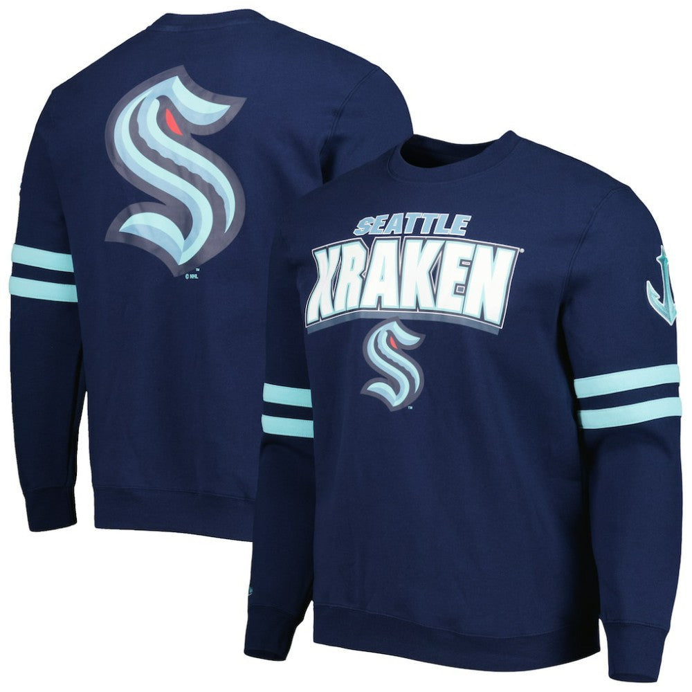 Seattle Kraken Mitchell & Ness Allover Logo Pullover Sweatshirt - Deep Sea Blue - NHL