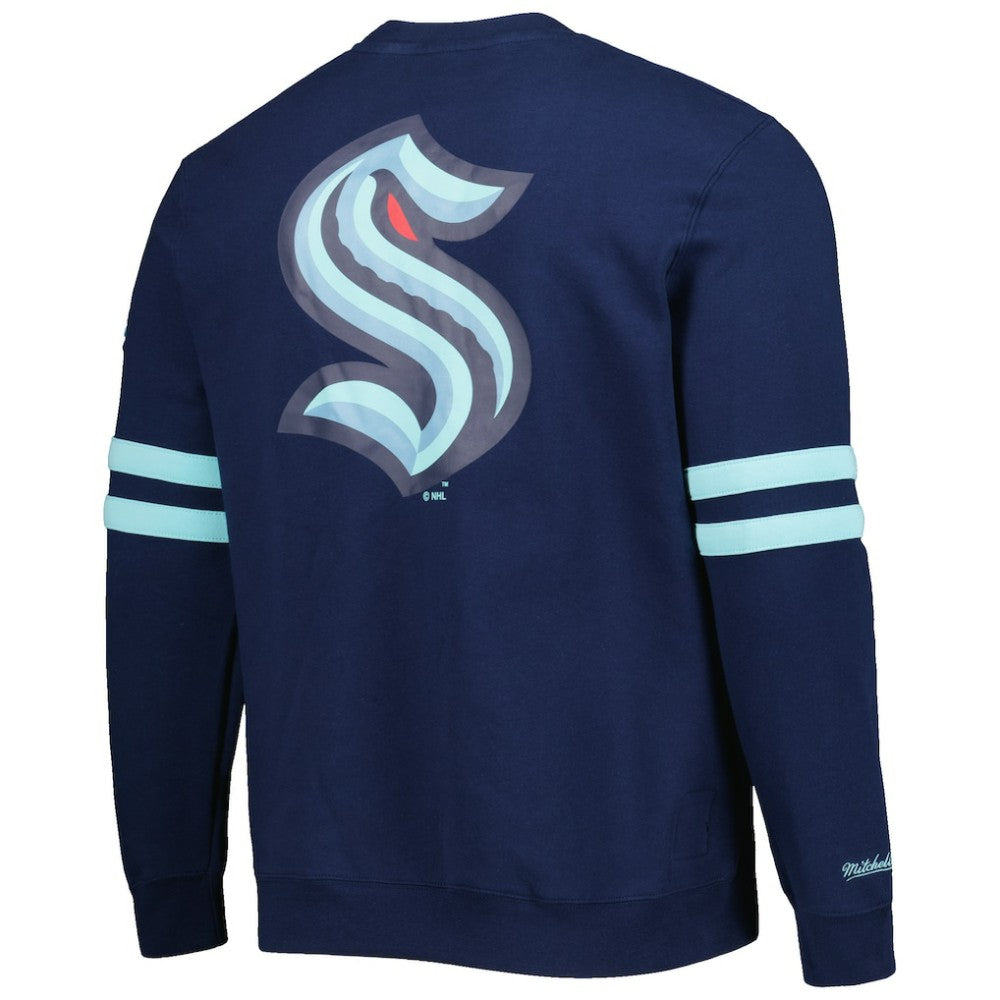 Seattle Kraken Mitchell & Ness Allover Logo Pullover Sweatshirt - Deep Sea Blue - NHL