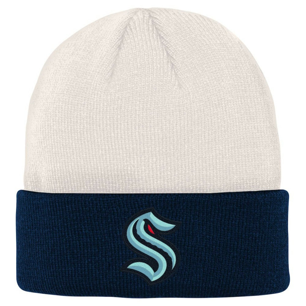 Seattle Kraken Youth Logo Cuffed Knit Hat - Cream/Deep Sea Blue - NHL