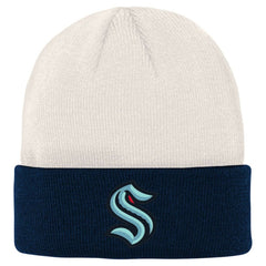 Seattle Kraken Youth Logo Cuffed Knit Hat - Cream/Deep Sea Blue - NHL