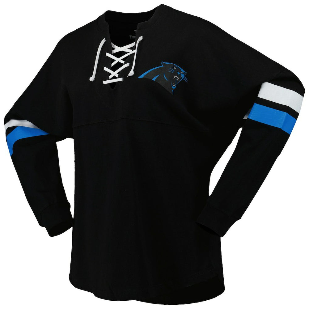 Carolina Panthers Women's Spirit Jersey Lace-Up V-Neck Long Sleeve T-Shirt Black | Fanatics