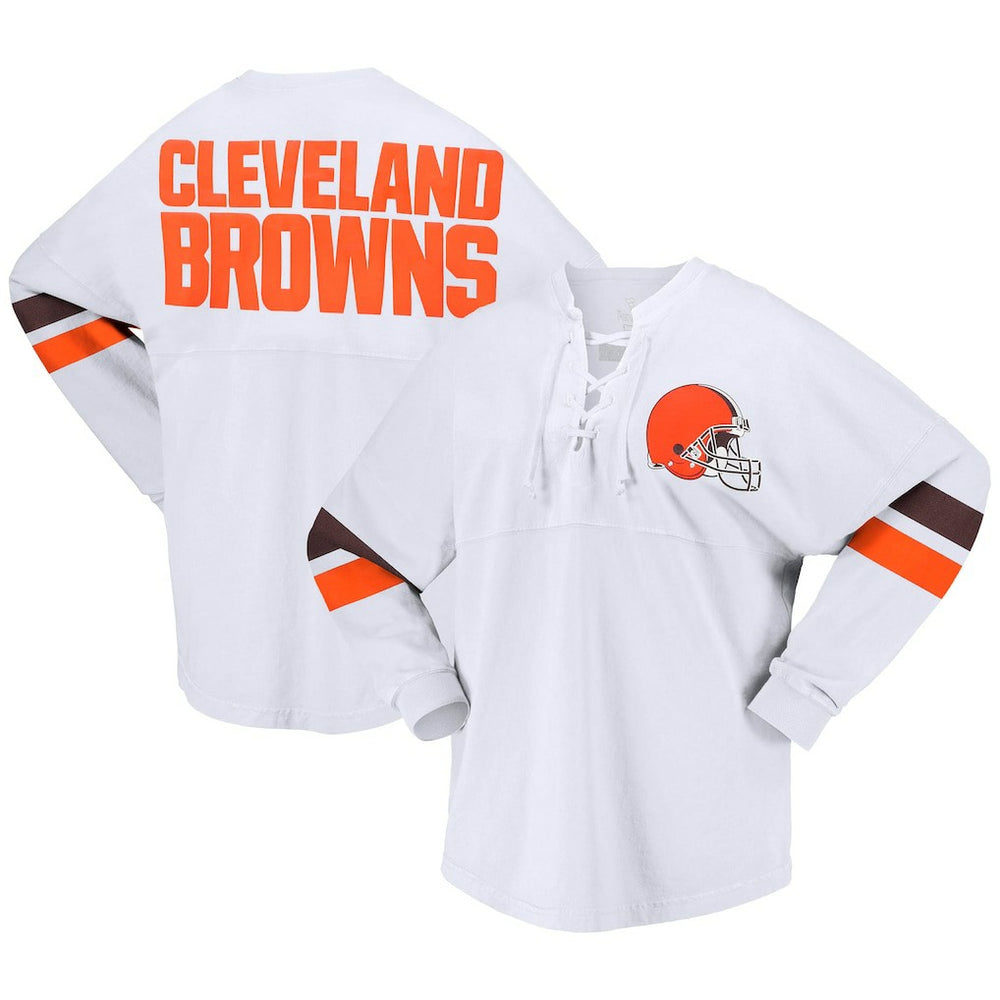Cleveland Browns Women's Spirit Jersey Lace-Up V-Neck Long Sleeve T-Shirt White | Fanatics