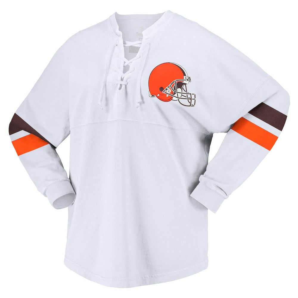 Cleveland Browns Women's Spirit Jersey Lace-Up V-Neck Long Sleeve T-Shirt White | Fanatics